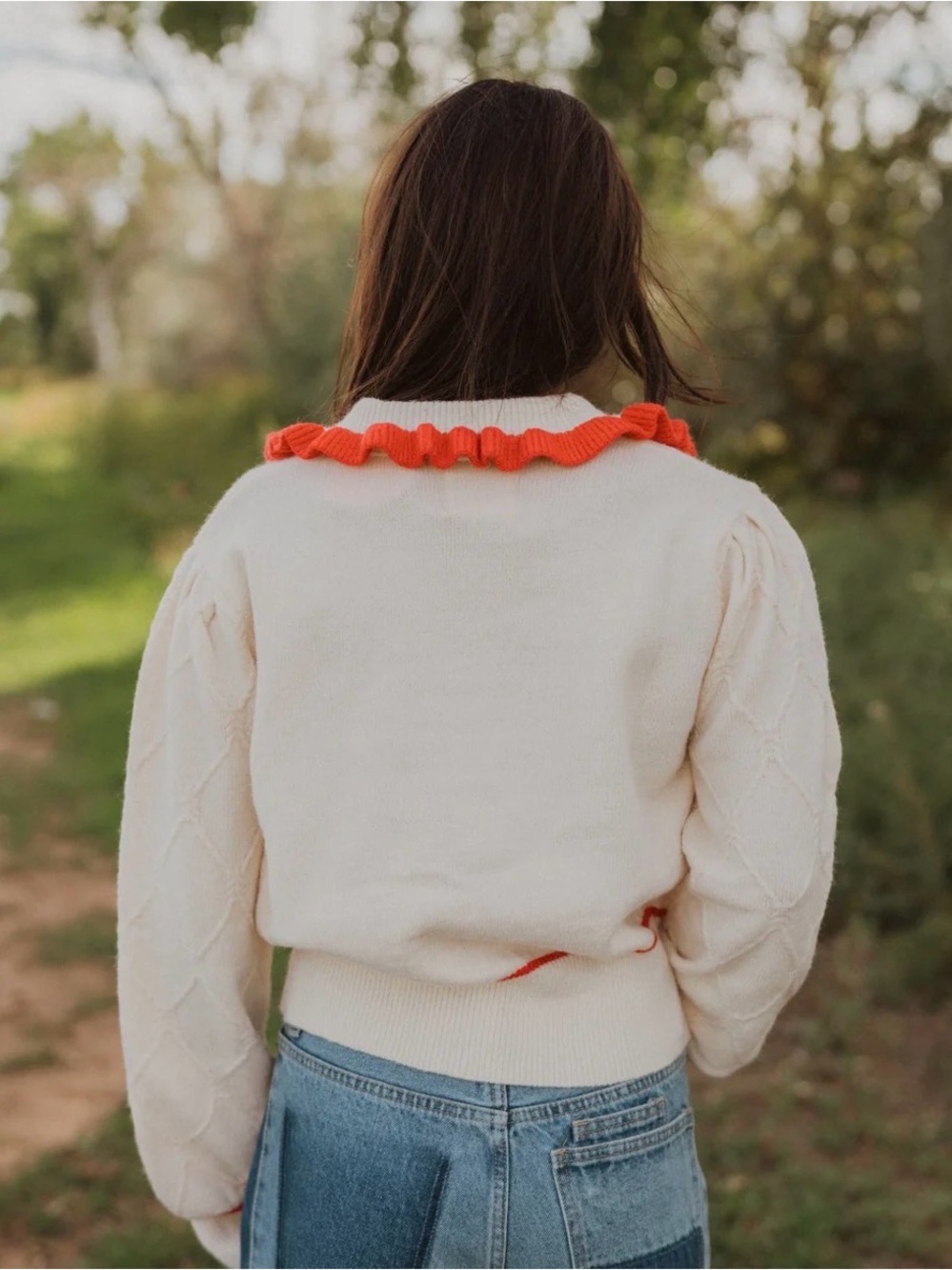 Goldie Cream Knit Cardigan with Red Trim and Strawberry Buttons - Picture 2 of 5